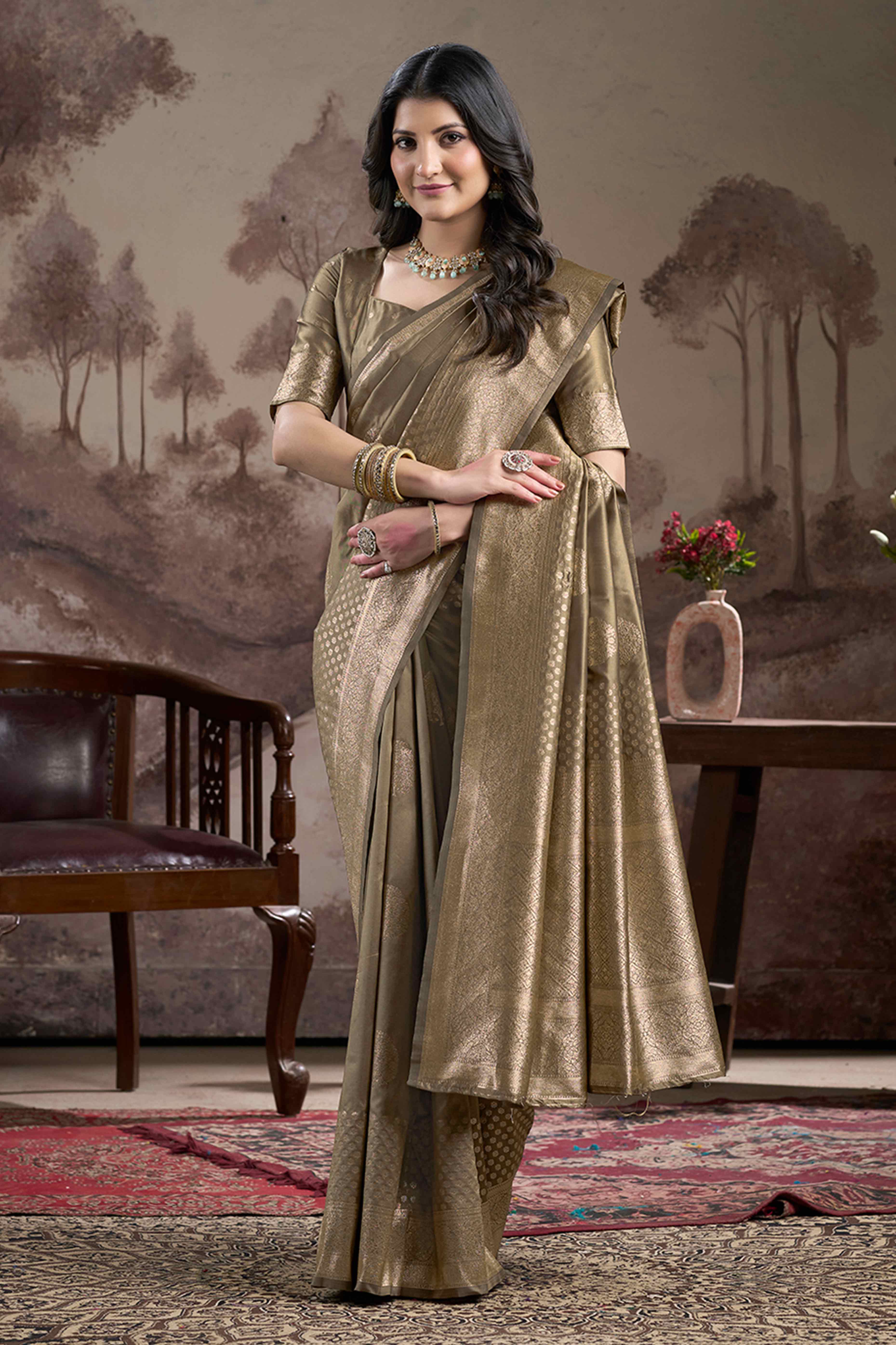 Chikoo Floral Woven Jacquard Silk Saree