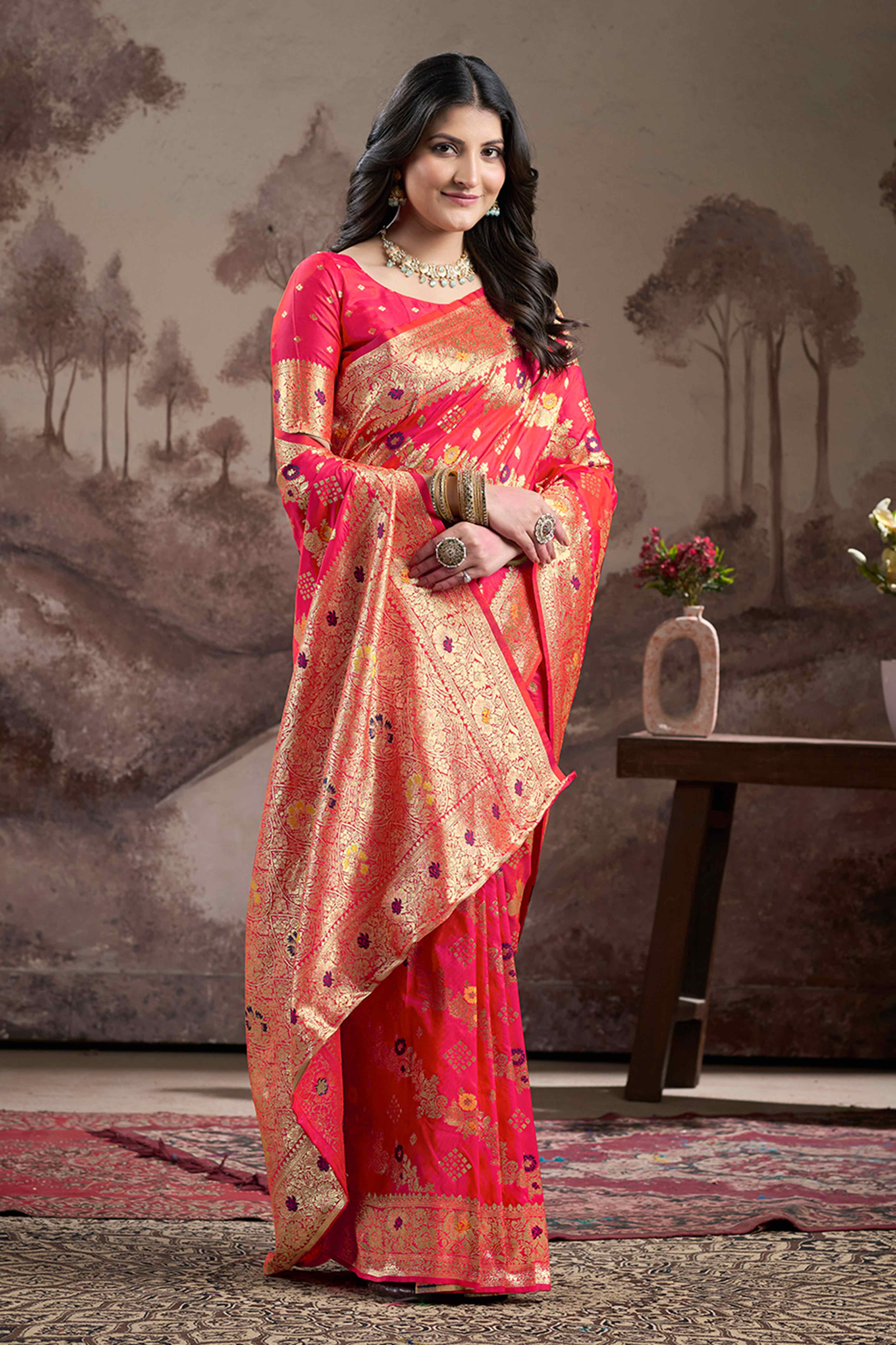 Pink Floral Woven Jacquard Silk Saree
