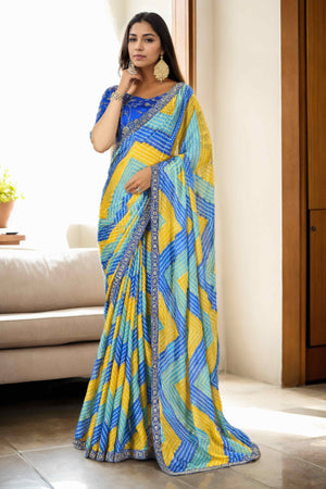 Blue & Yellow Bandhani Digital Printed Chinon Saree With Embroidered Border