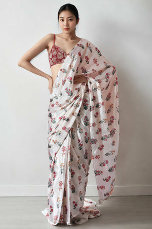 Offwhite Floral Digital Printed With Lace Border Pallu Chinon Ready To Wear Saree