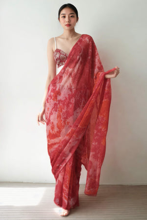 Gajari Pink Tie & Dye Printed With Marbel Chiffon Ready To Wear Saree
