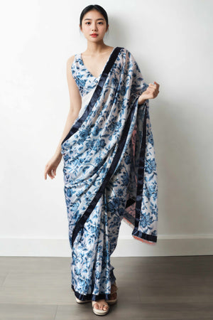 White & Blue Floral Digital Printed With Lace Border Pallu Chinon Ready To Wear Saree