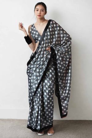 Grey & Black Floral Digital Printed With Lace Border Pallu Chinon Ready To Wear Saree