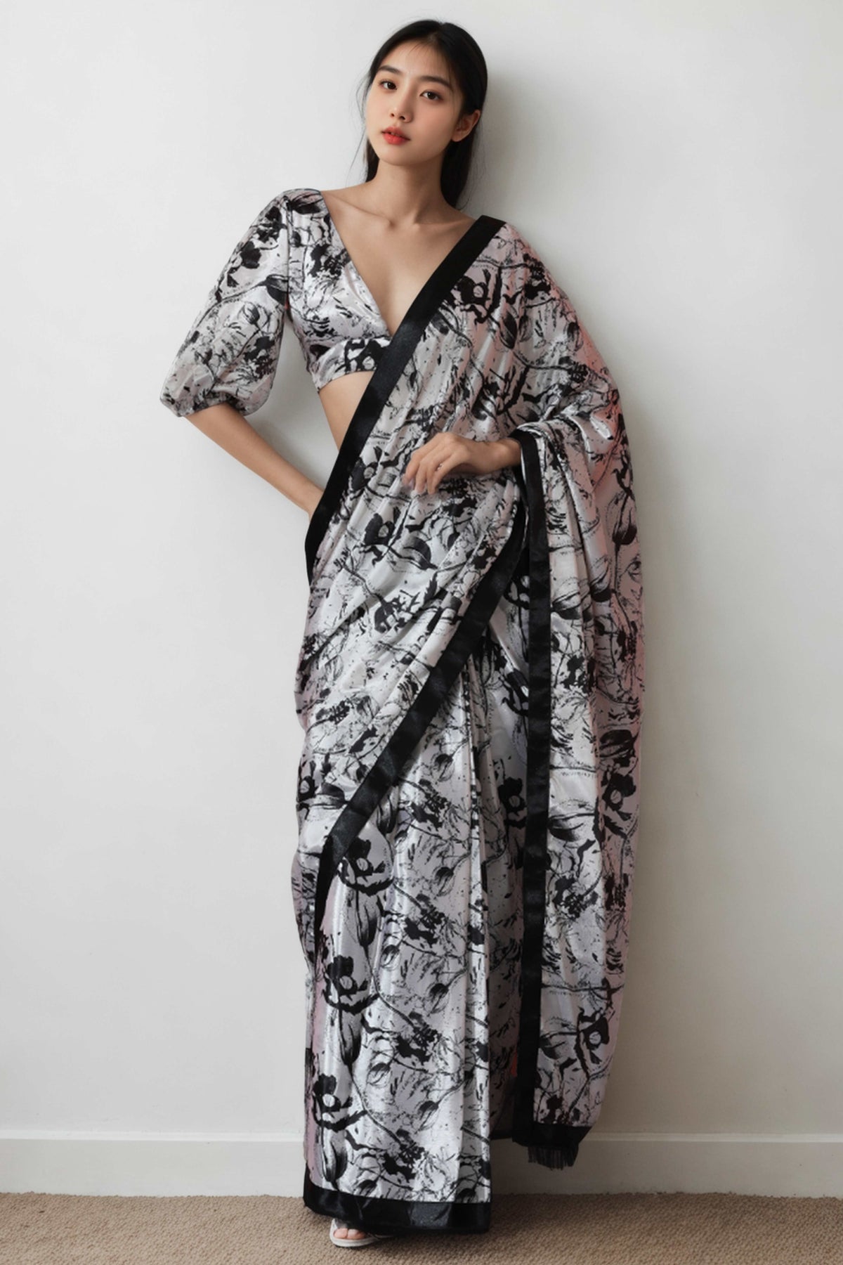 White & Black Digital Printed With Intricate Lace Border Pallu Chinon Ready To Wear Saree - Image 1