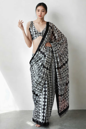 White & Black Geometric Digital Printed With Intricate Lace Border Pallu Chinon Ready To Wear Saree