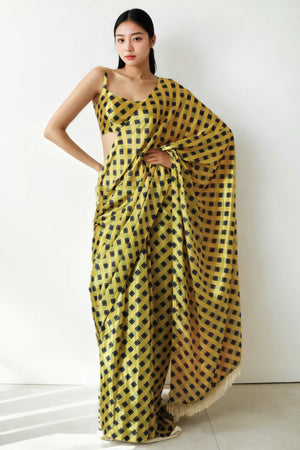 Yellow Checks Digital Printed With Intricate Lace Border Pallu Chinon Ready To Wear Saree