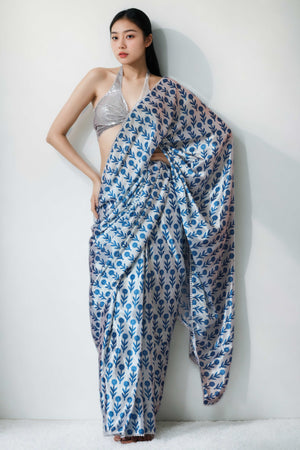 White & Blue Floral Digital Printed With Intricate Lace Border Pallu Chinon Ready To Wear Saree