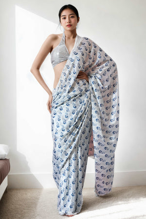 White & Blue Floral Digital Printed With Delicate Lace Border Pallu Chinon Ready To Wear Saree