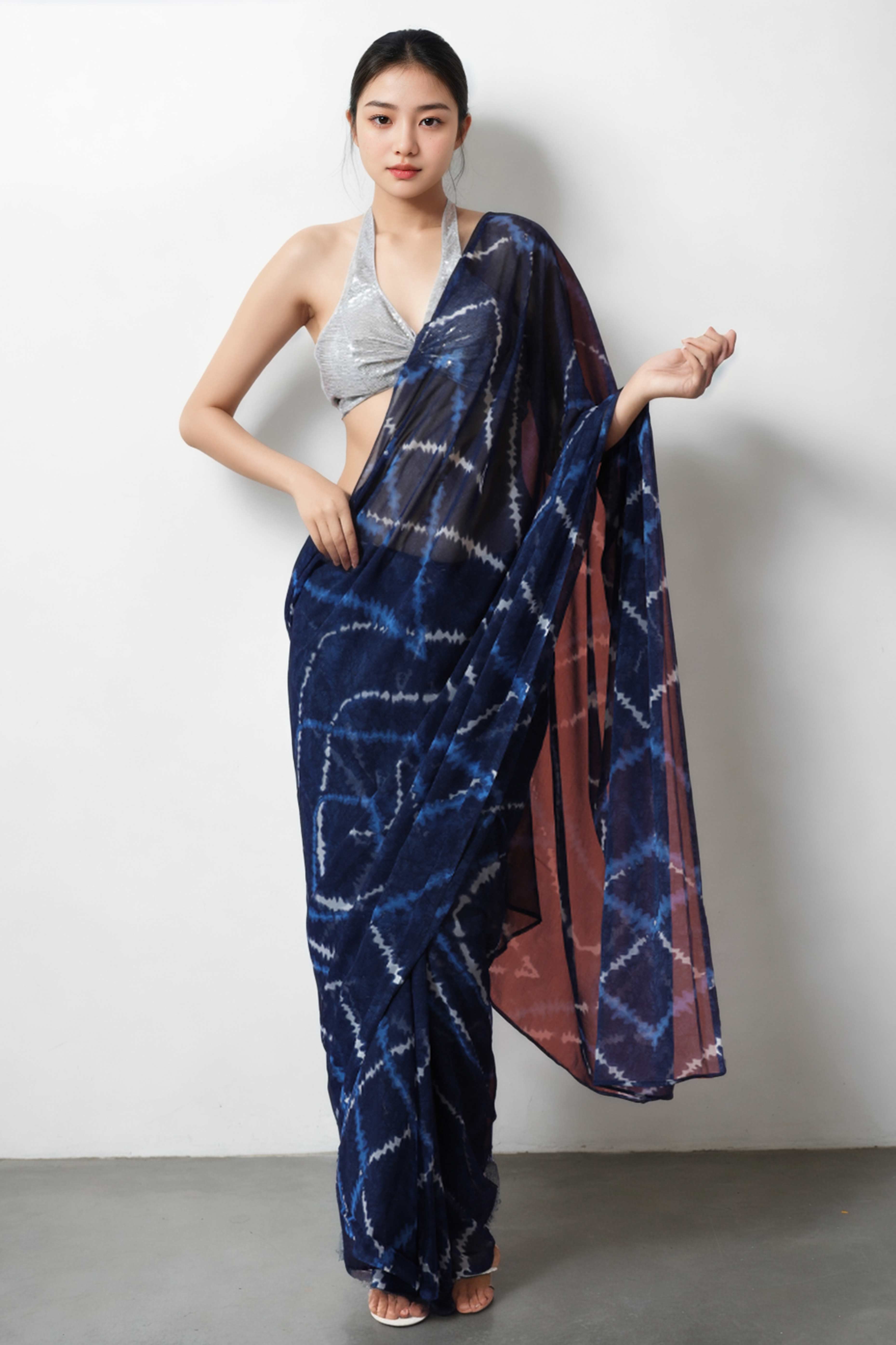 Navy Blue Printed Marbel Chiffon Ready To Wear Saree