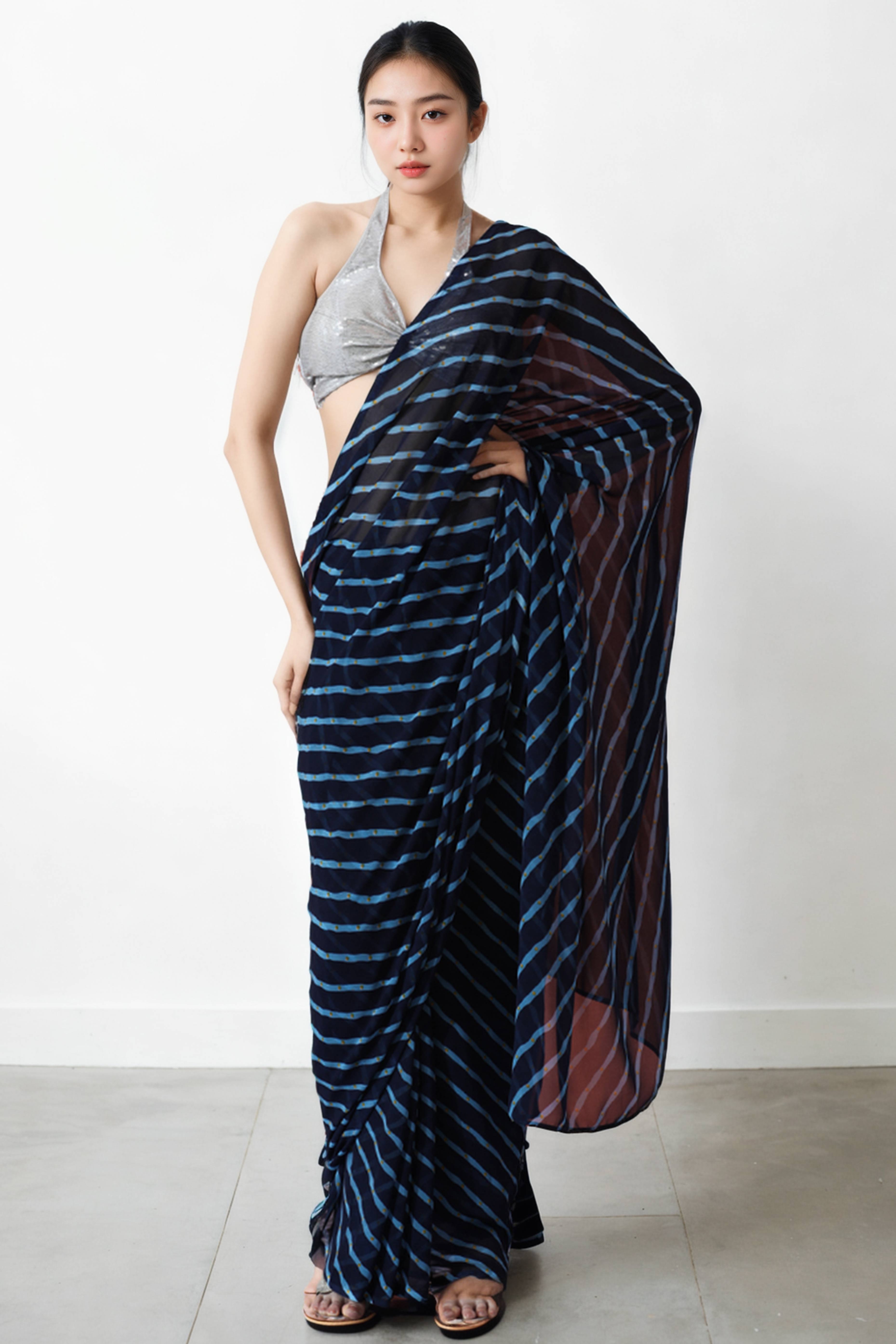 Navy Blue Striped Printed Marbel Chiffon Ready To Wear Saree