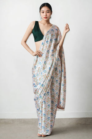 Offwhite Floral Digital Printed With Delicate Lace Border Pallu Chinon Ready To Wear Saree