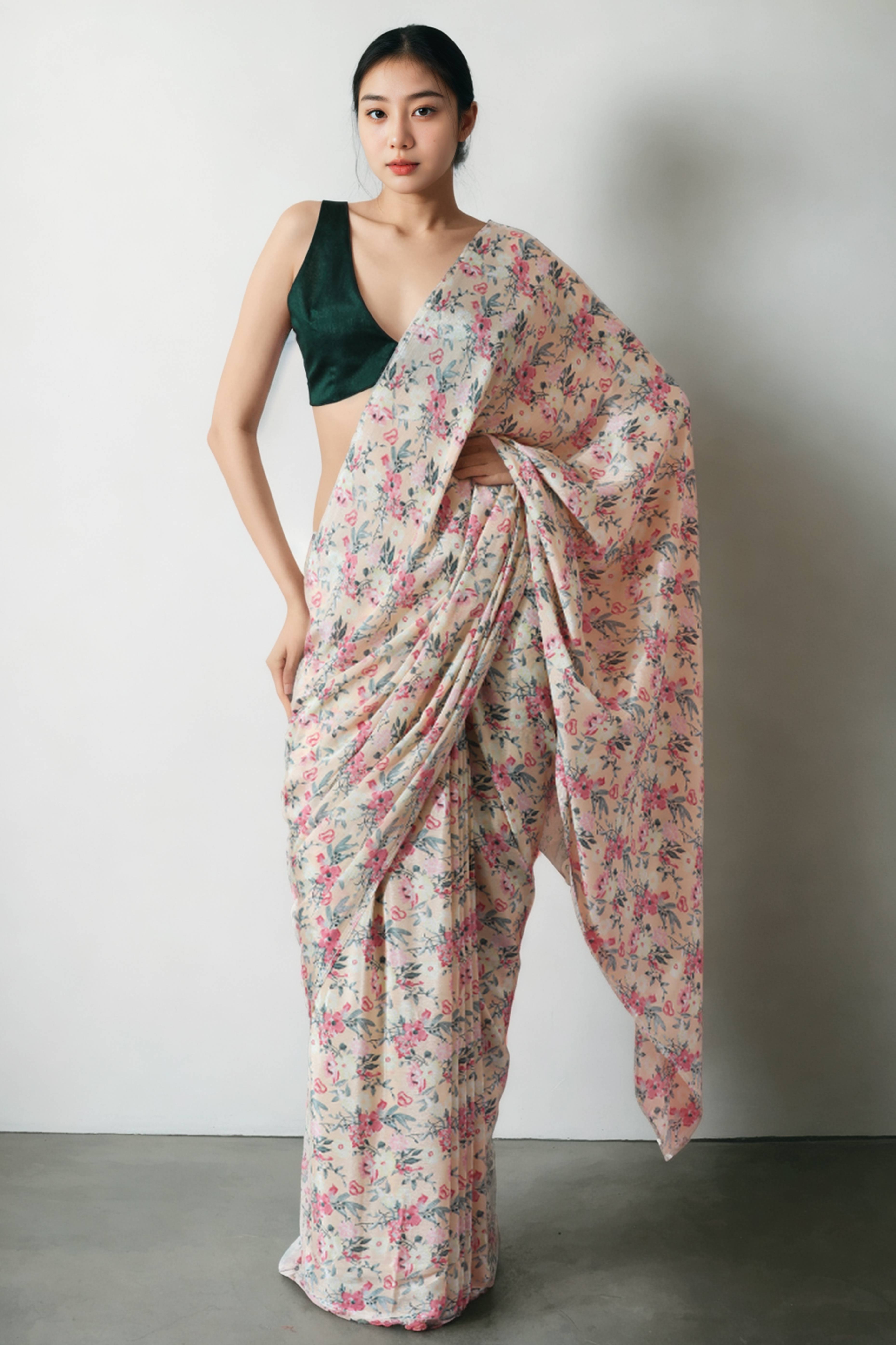 Cream Floral Digital Printed Chinon Ready To Wear Saree