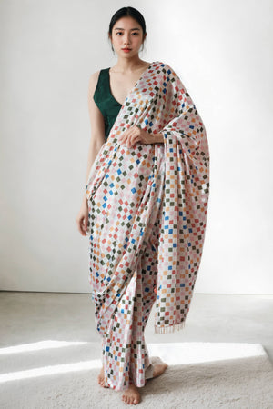 Multicolor Digital Printed With Delicate Lace Border Pallu Chinon Ready To Wear Saree