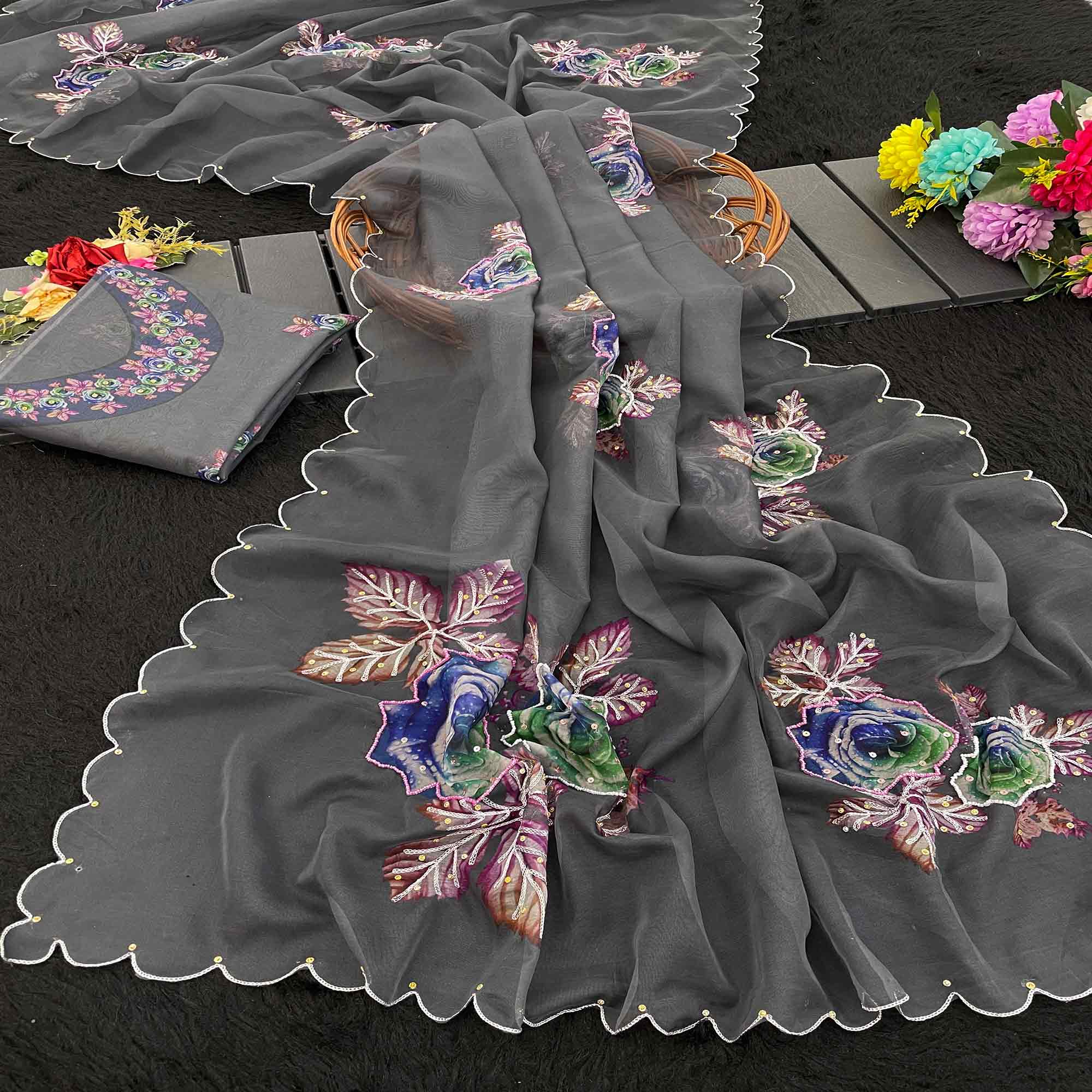 Festive Grey Floral Printed Tabby Organza Saree with Elegant Handwork Embroidery