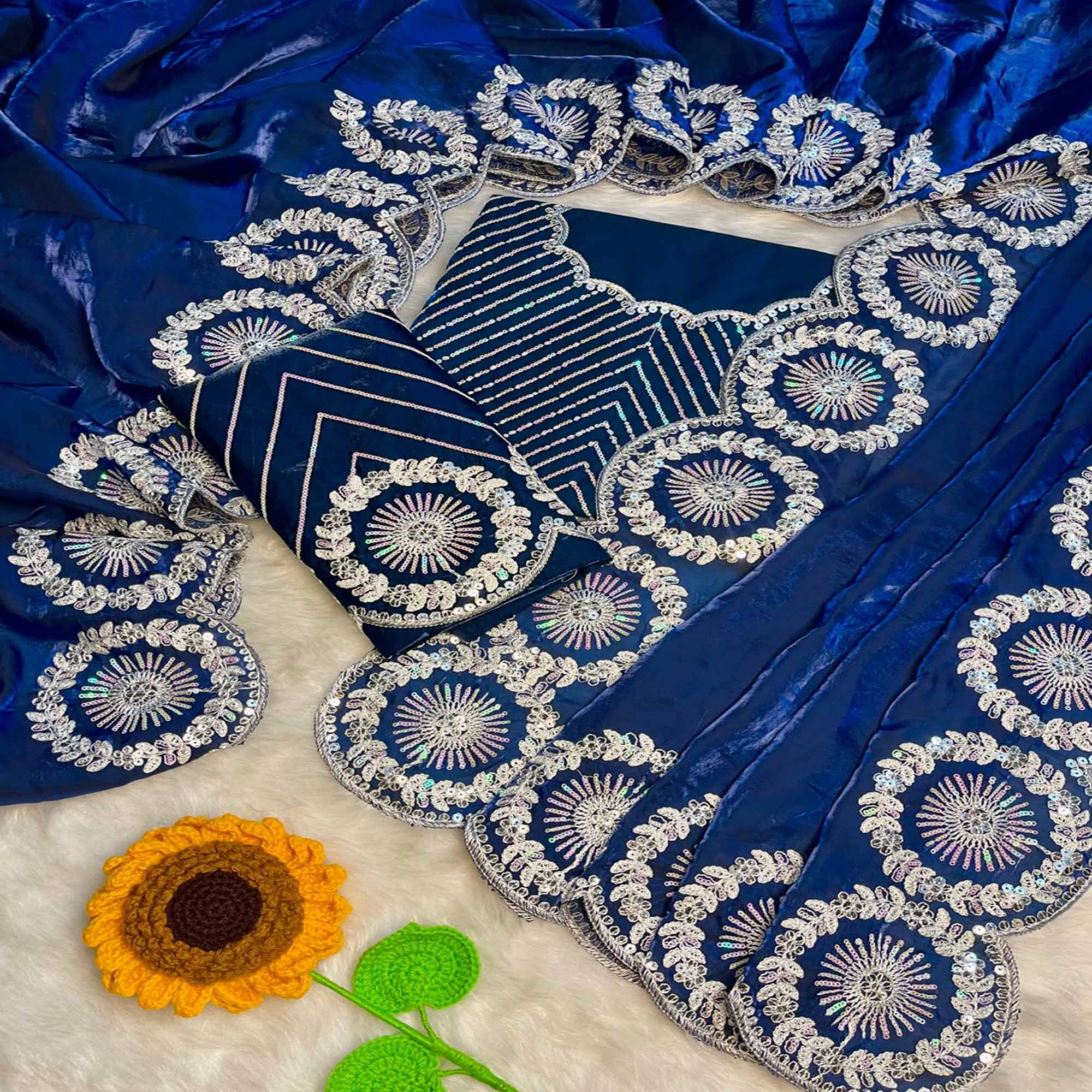 Designer Blue Fandy Satin Saree Featuring Intricate Sequins Embroidery for Elegant Styling