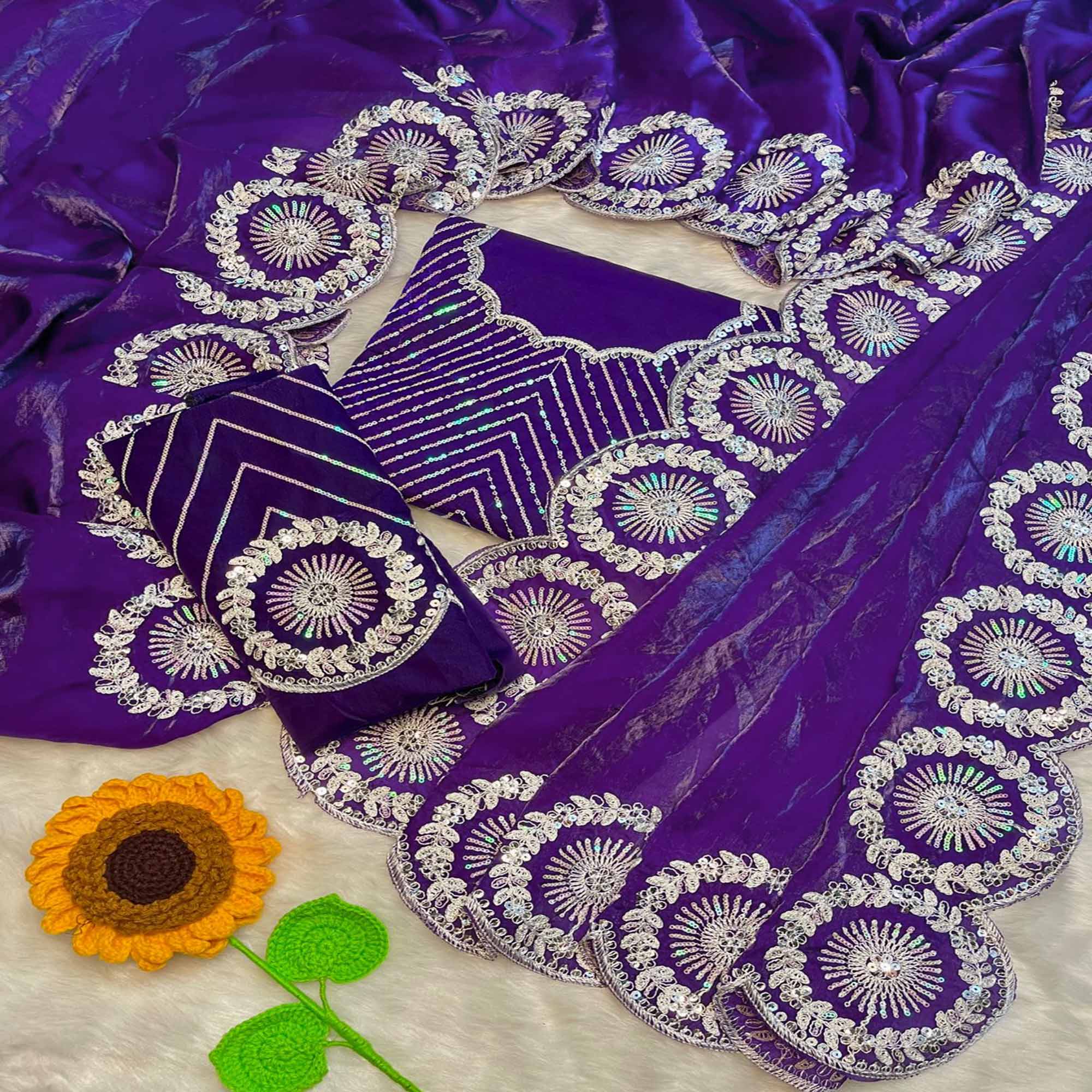 Designer Violet Fandy Satin Saree Featuring Intricate Sequins Embroidery for Elegant Styling