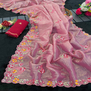 Premium Pink Crush Satin Saree with Beautiful Floral Embroidery