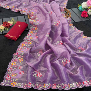 Premium Purple Crush Satin Saree with Beautiful Floral Embroidery