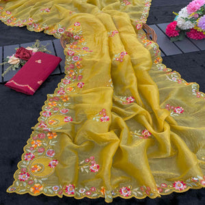 Premium Yellow Crush Satin Saree with Beautiful Floral Embroidery