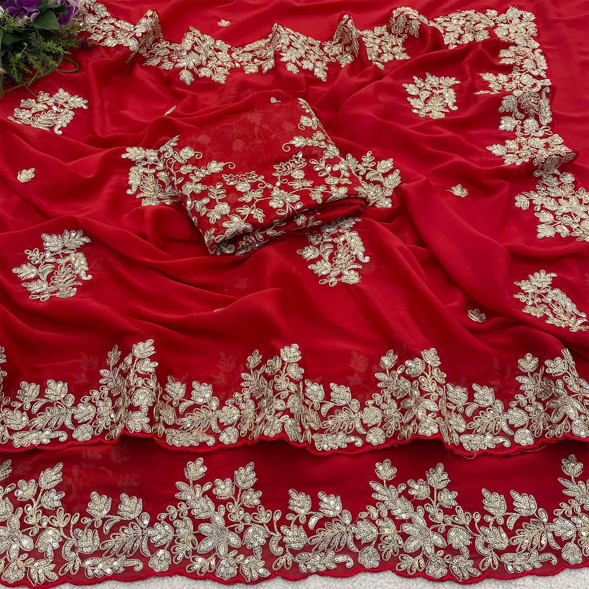 Red Silk Blend Saree Elegantly Embellished With Embroidery And Sparkling Sequins Work