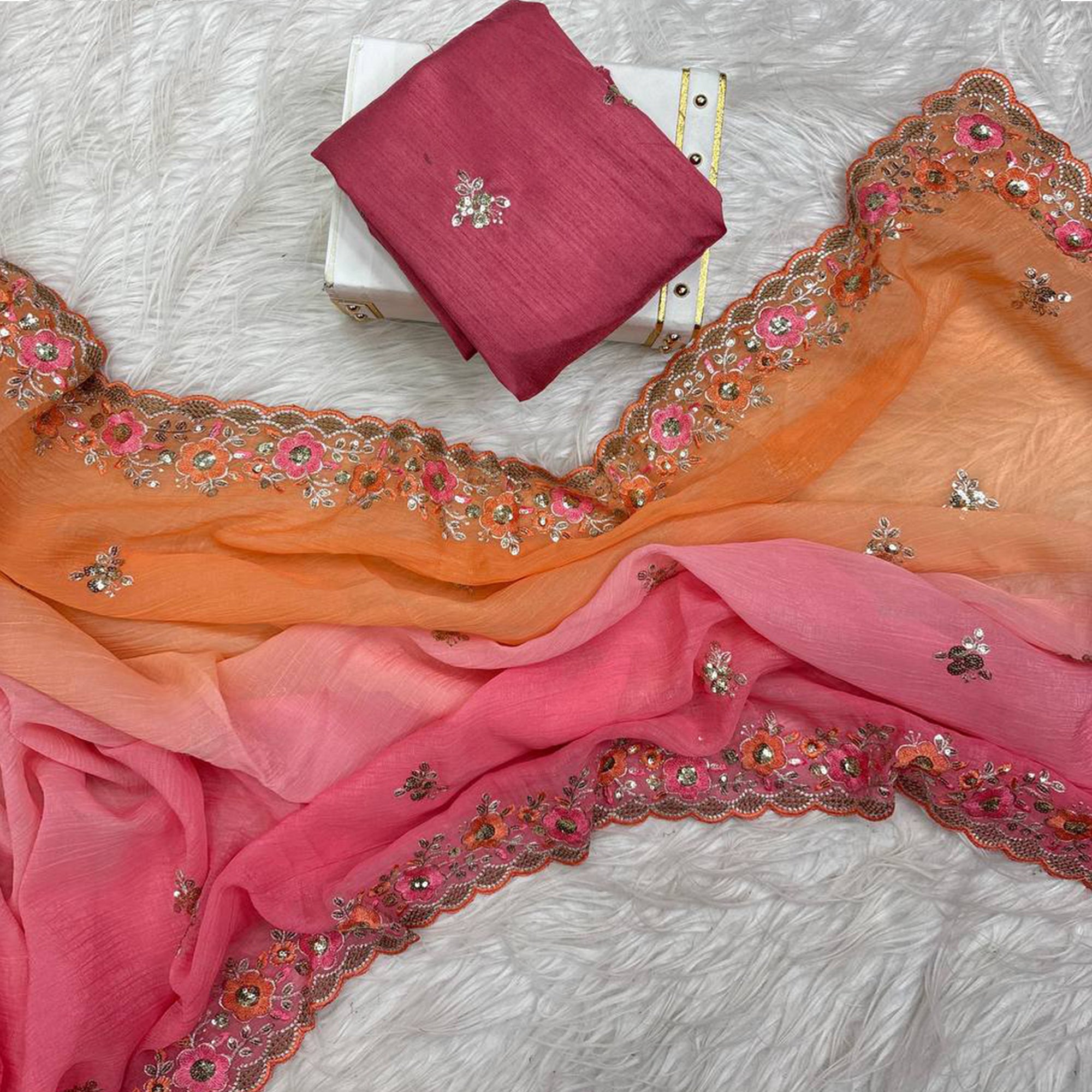 Radiant Orange Crunchy Ombre Saree Adorned with Floral Thread Embroidery & Sequins Work