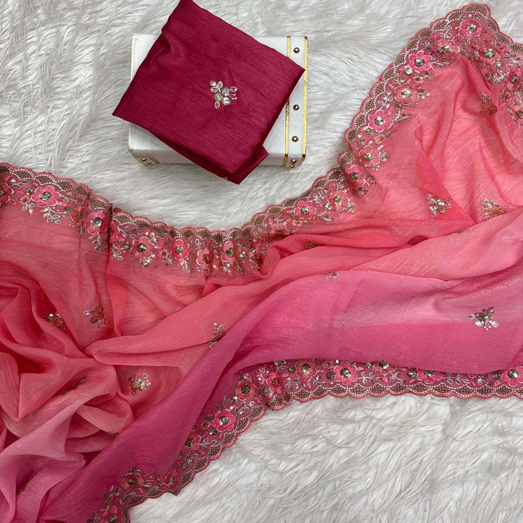 Radiant Pink Crunchy Ombre Saree Adorned with Floral Thread Embroidery & Sequins Work