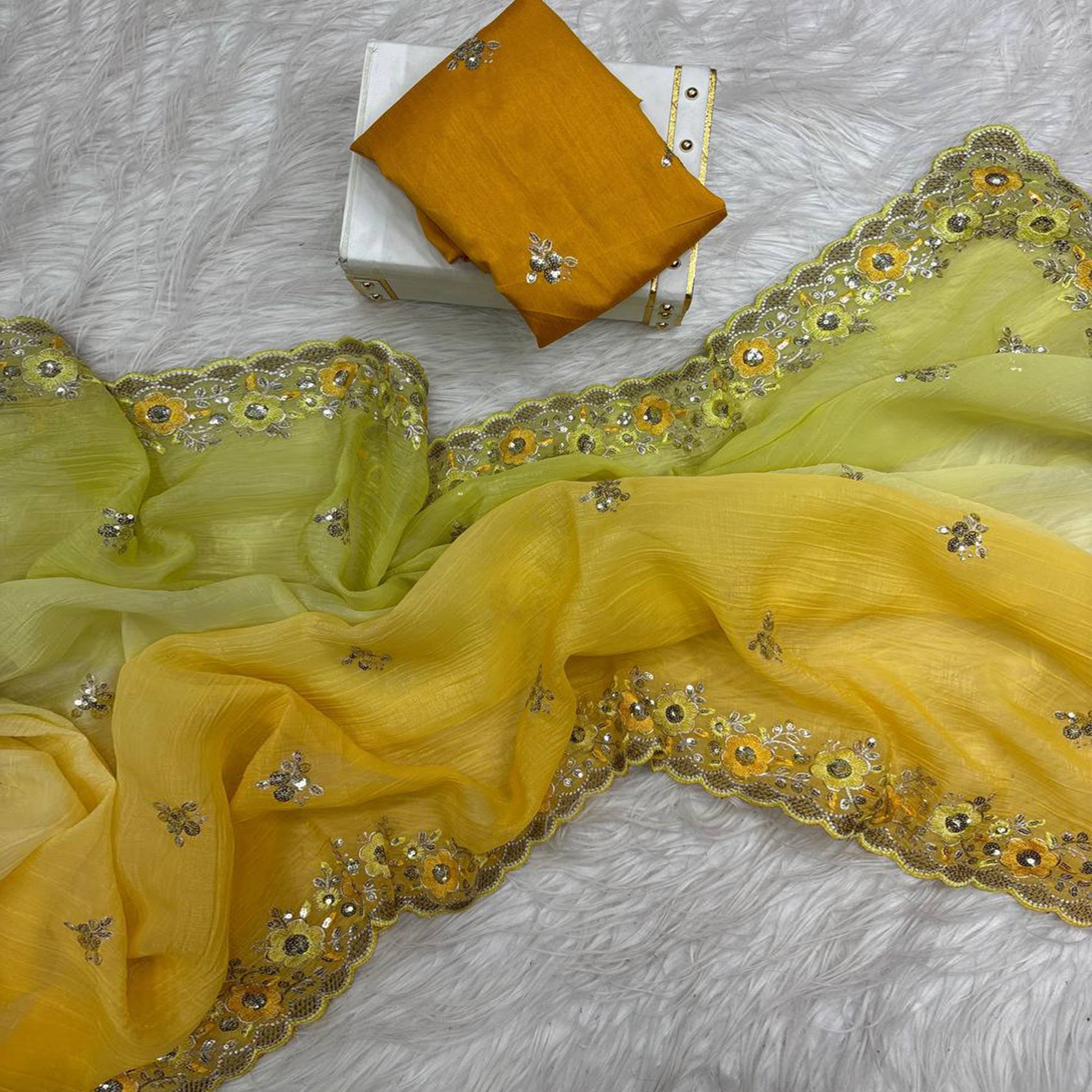 Radiant Yellow Crunchy Ombre Saree Adorned with Floral Thread Embroidery & Sequins Work