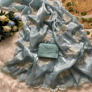 Captivating Sky Blue Floral Thread Embroidered Jimmy Choo Satin Saree With Gleaming Sequins Work