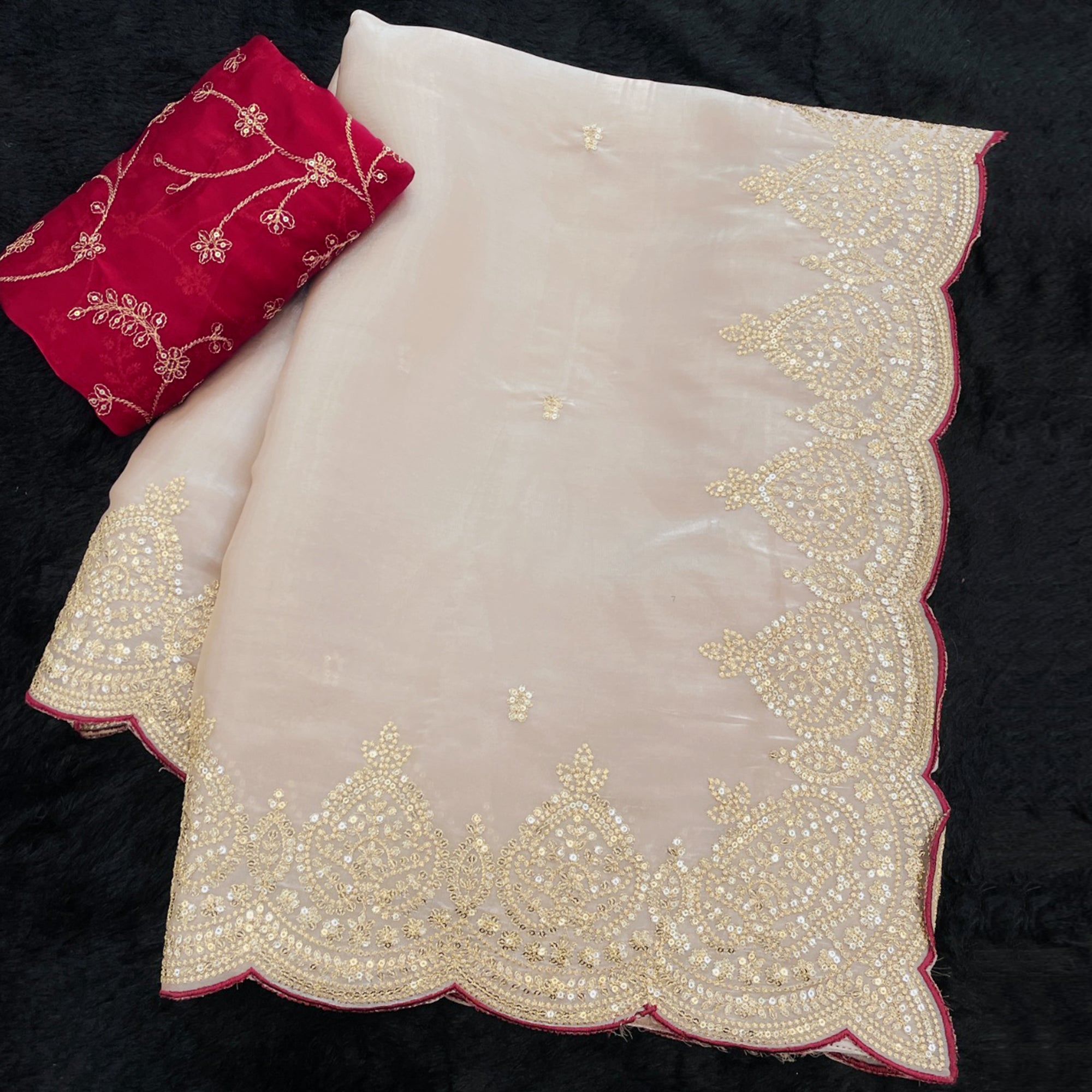 Stylish Chikoo Jimmy Choo Satin Silk Saree Beautified with Floral Zari Embroidery & Sequins Work