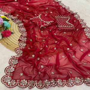 Red Sequins Embellished Georgette Saree with Glamorous Party-Wear Finish