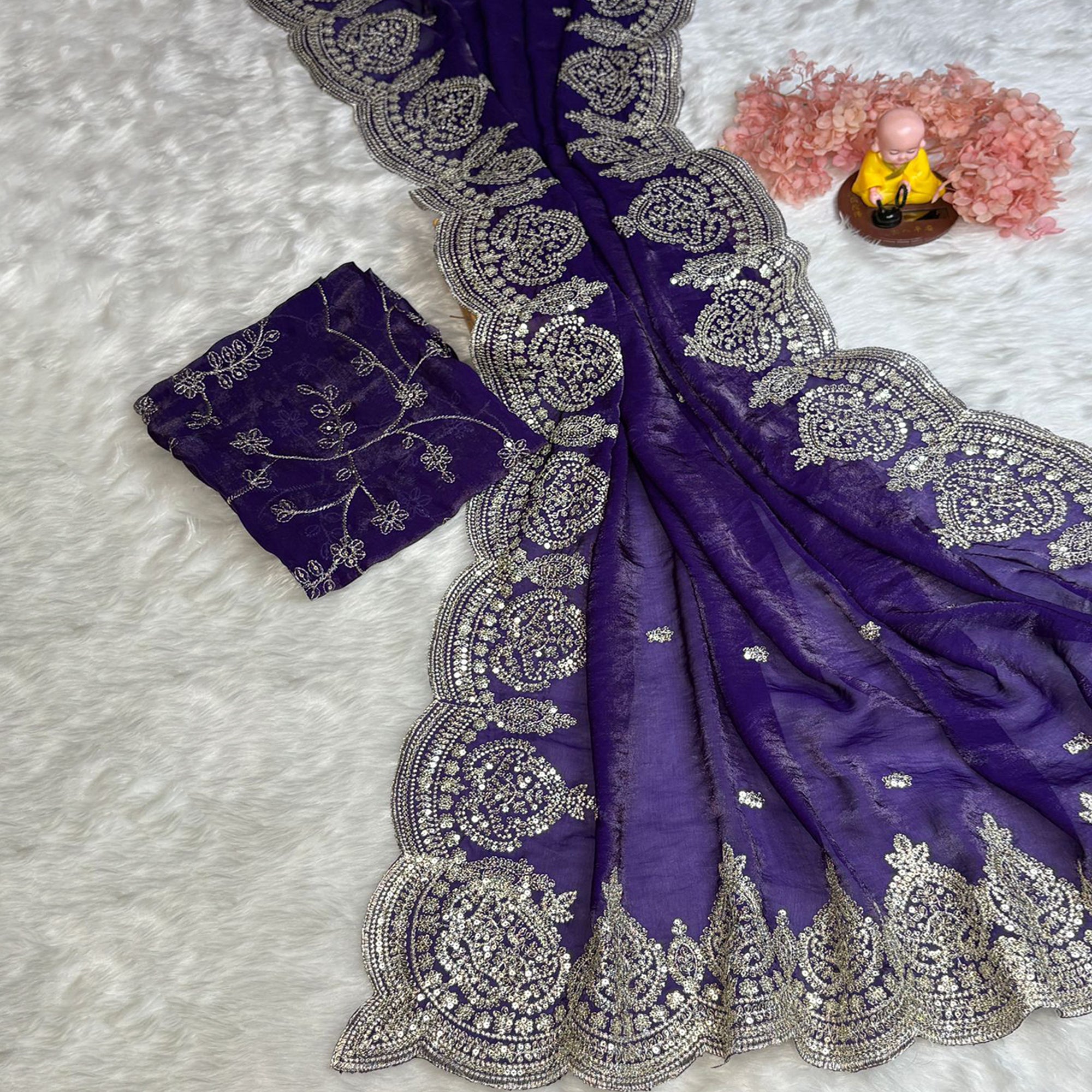 Designer Violet Fandy Satin Saree with All-Over Sequins Embellishments