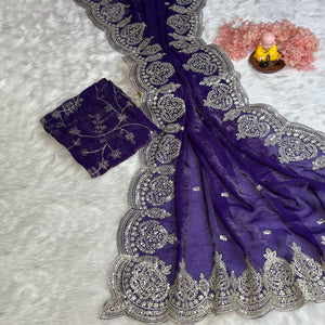 Designer Violet Fandy Satin Saree with All-Over Sequins Embellishments