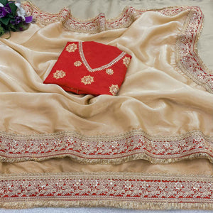 Cream Fancy Satin Solid Saree Accentuated With Elegant Lace Work