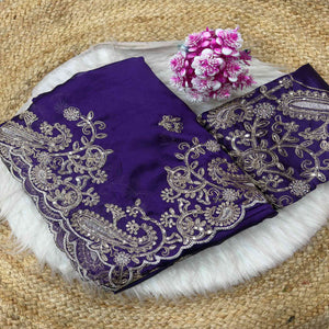 Violet Silk-Blend Saree Featuring Delicate Embroidery and Shimmering Sequins Work