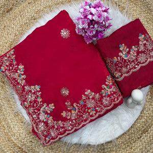 Pink Organza Satin Silk Saree Beautifully Detailed with Elegant Floral Embroidery