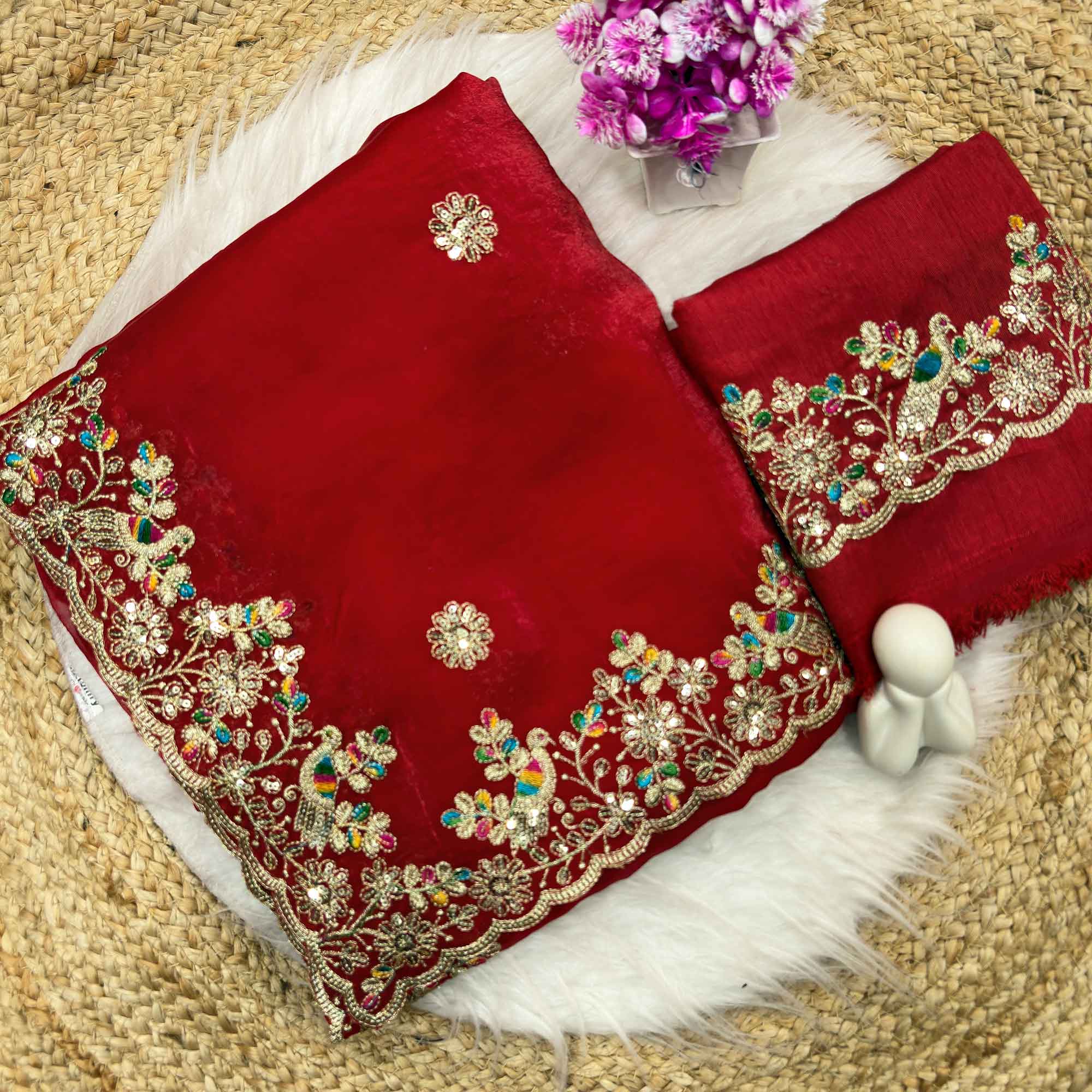 Red Organza Satin Silk Saree Beautifully Detailed with Elegant Floral Embroidery