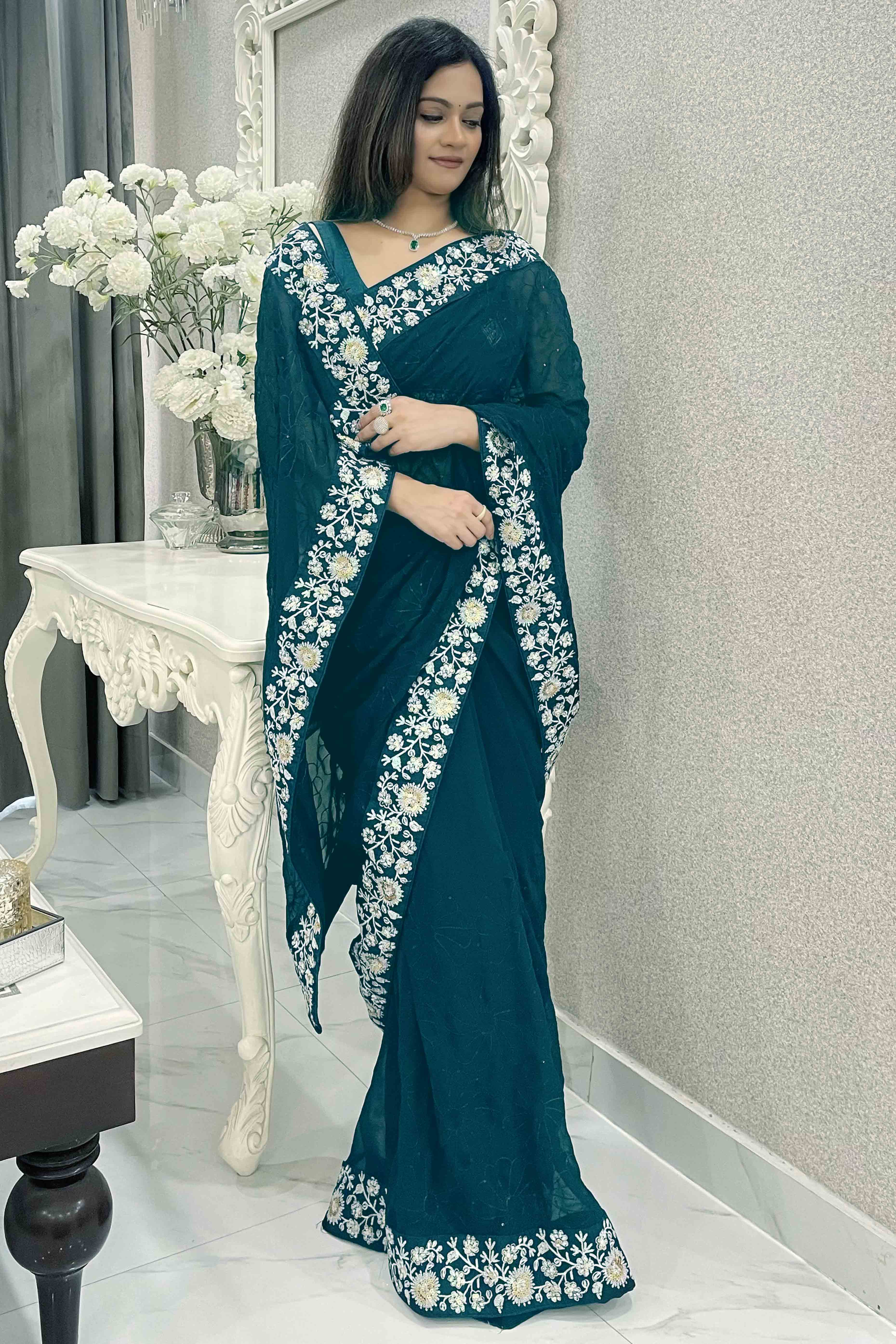 Teal Designer Saree In Georgette With Delicate Floral Sequins Embroidery Work