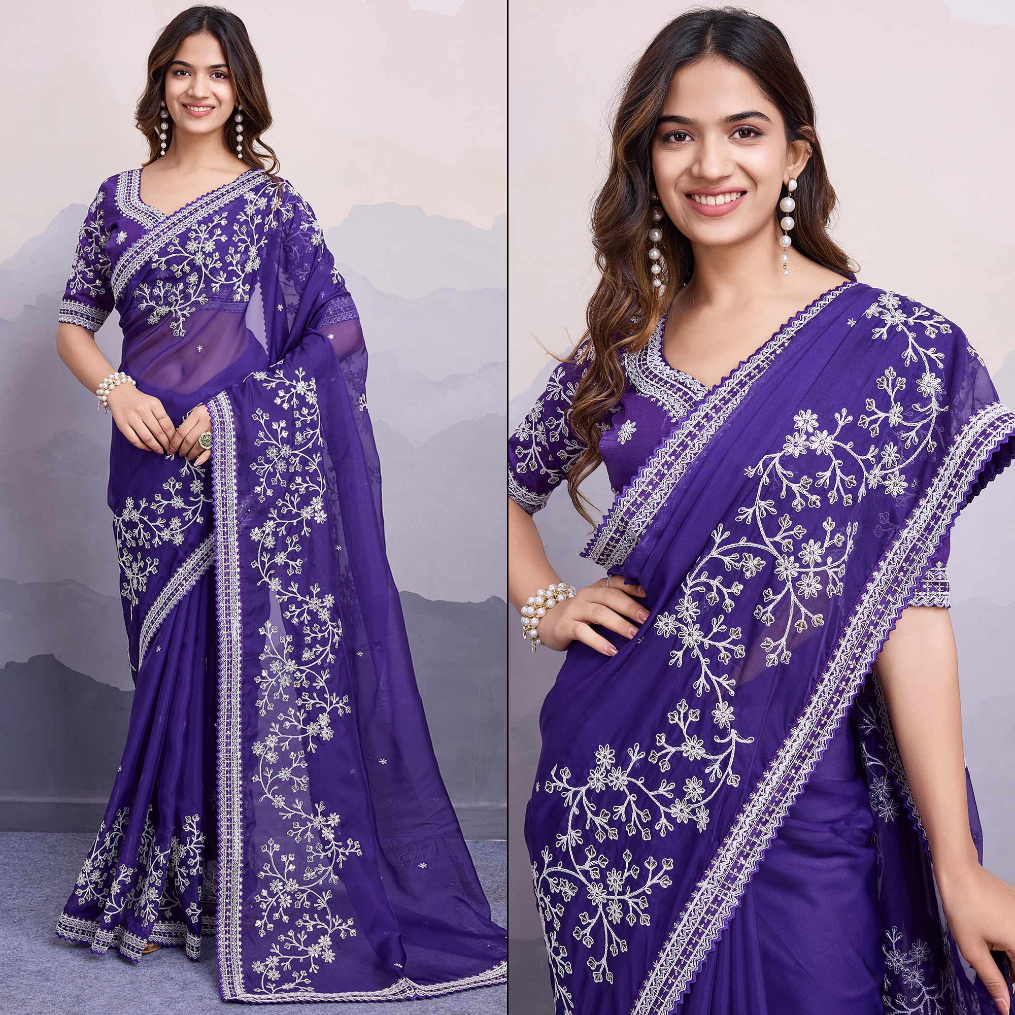 Violet Blue Floral Sequins Embroidered Organza Saree With Lace Border