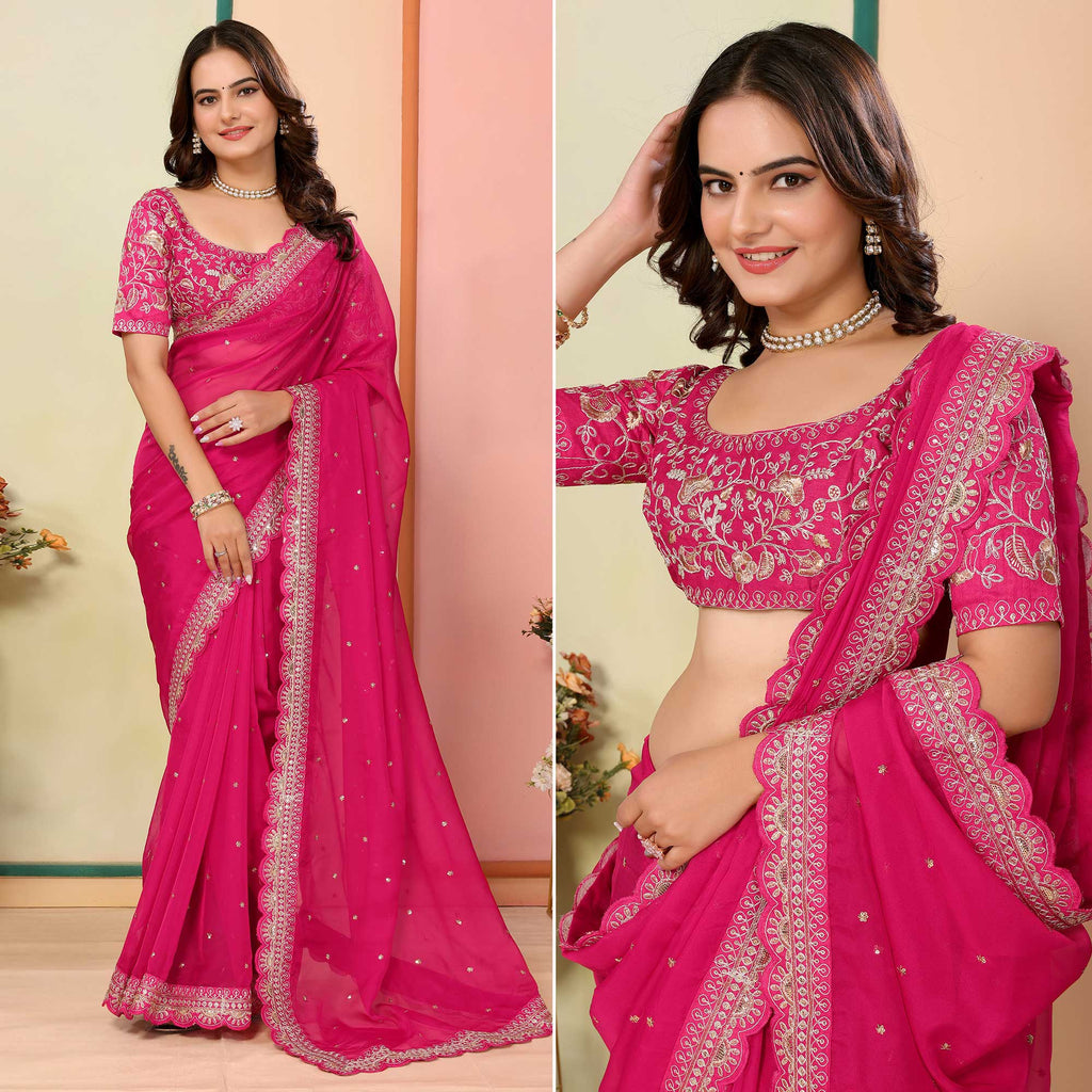 Shimmering Pink Zari Organza Saree Sequins & Handcrafted Stones with Satin Blouse - Buy main image 1