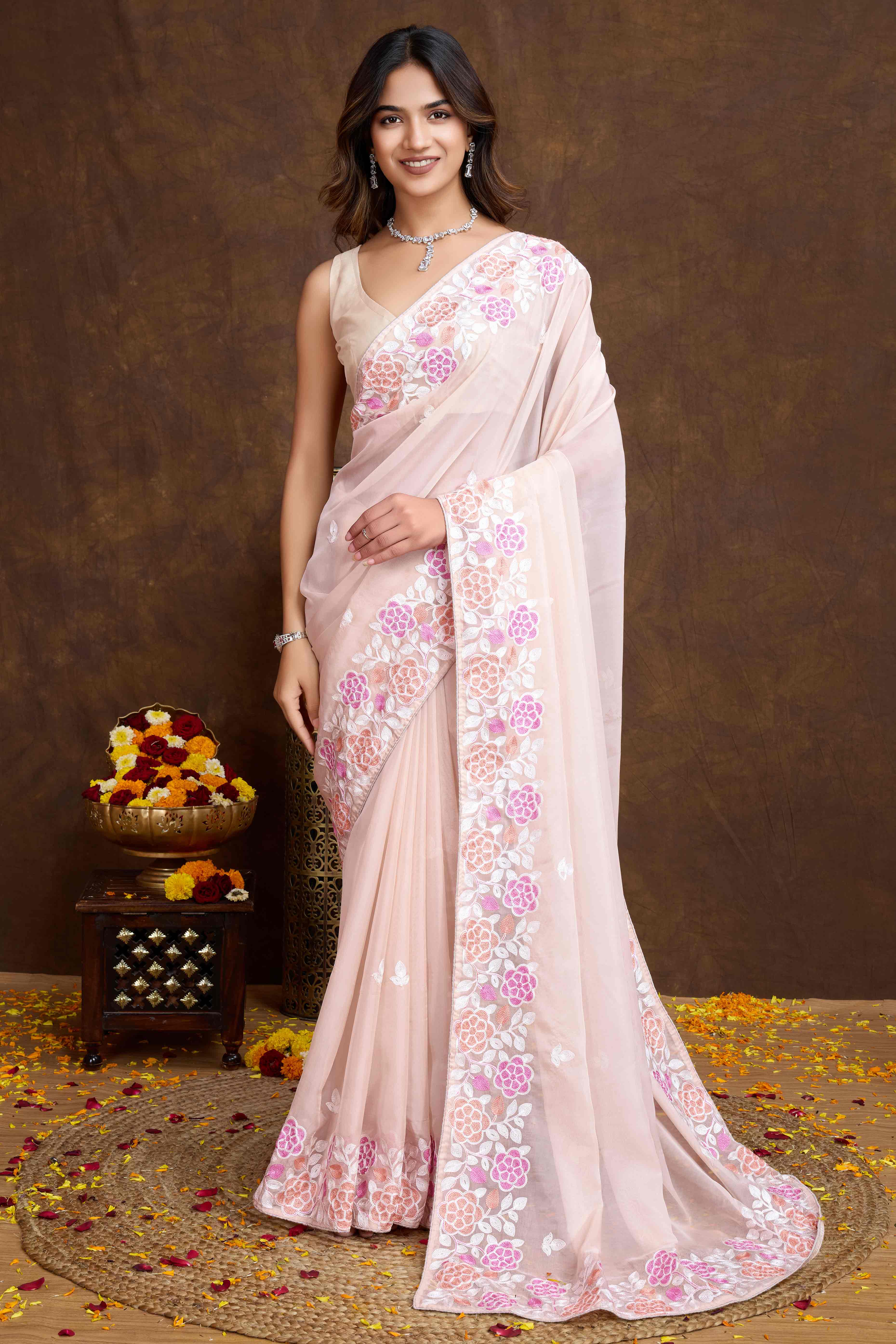 Light Peach Floral Sequins Embroidered Organza Silk Saree