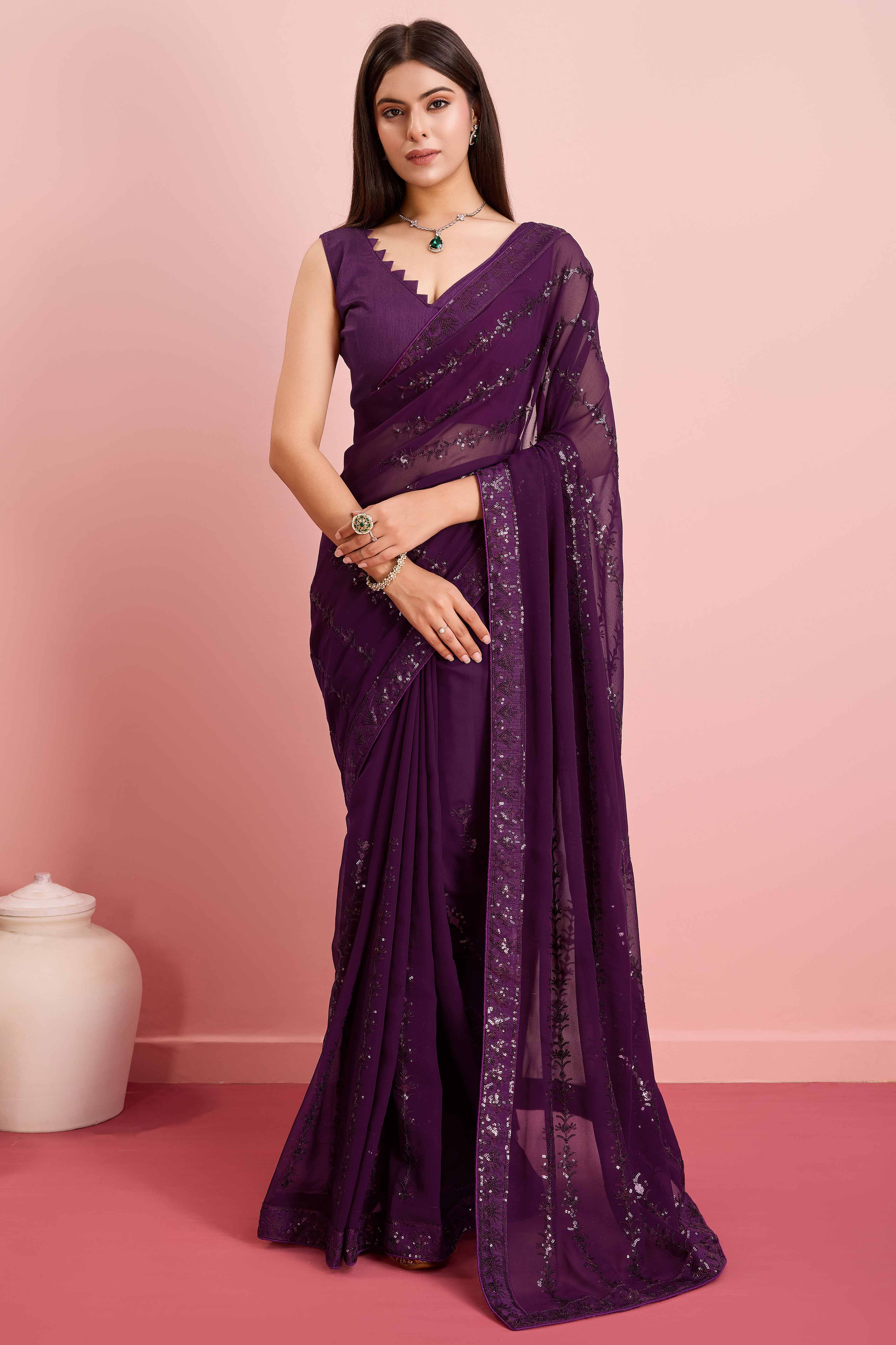 Wine Floral Sequins Embroidered Georgette Saree