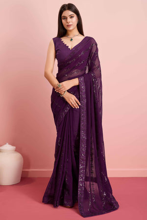 Wine Floral Sequins Embroidered Georgette Saree