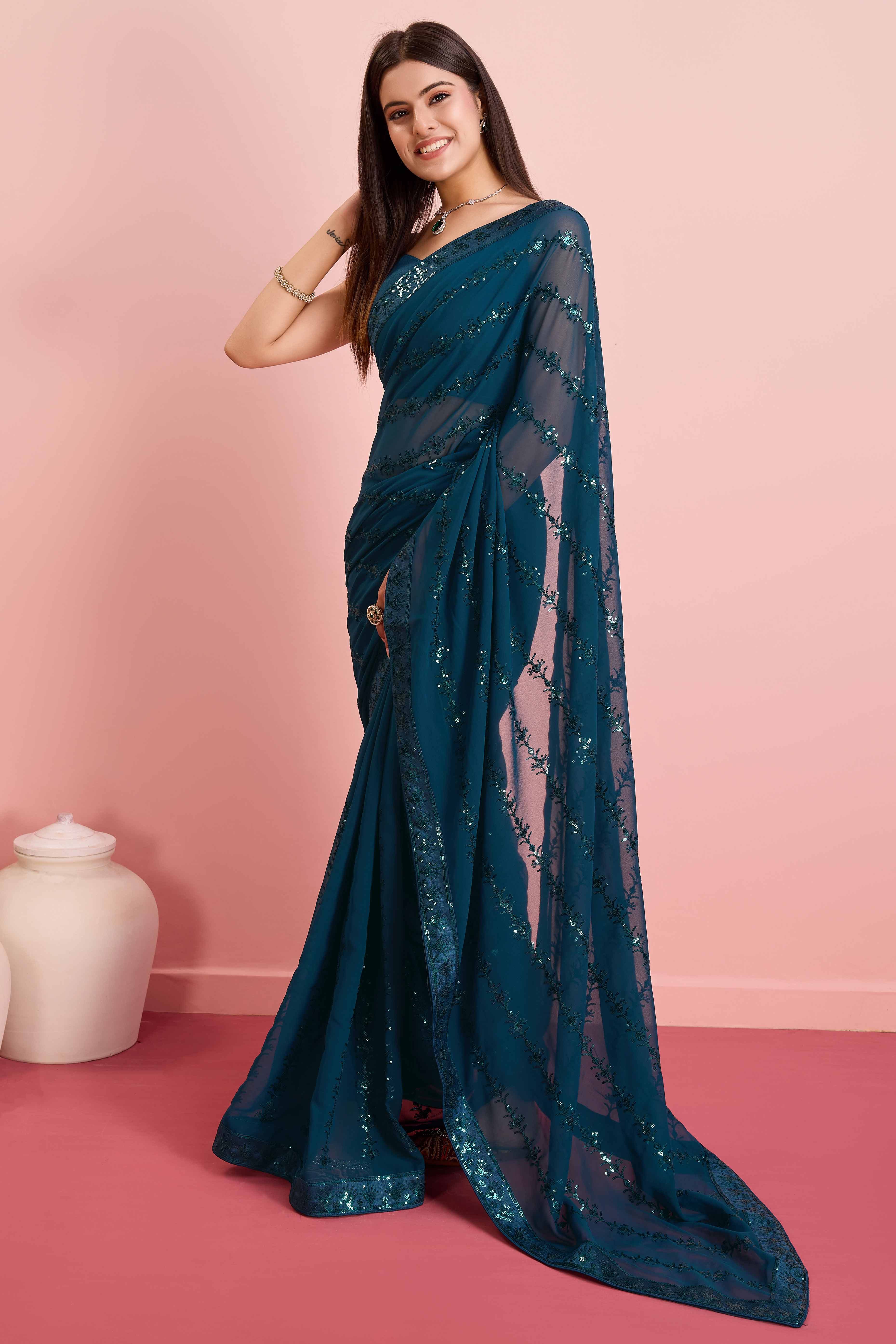 Morpich Floral Sequins Embroidered Georgette Saree