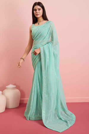 Turquoise Floral Sequins Embroidered Georgette Saree