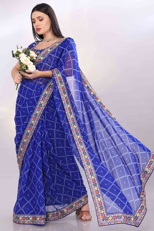 Blue Bandhani Printed Georgette Saree Framed With Elegant Embroidered Border