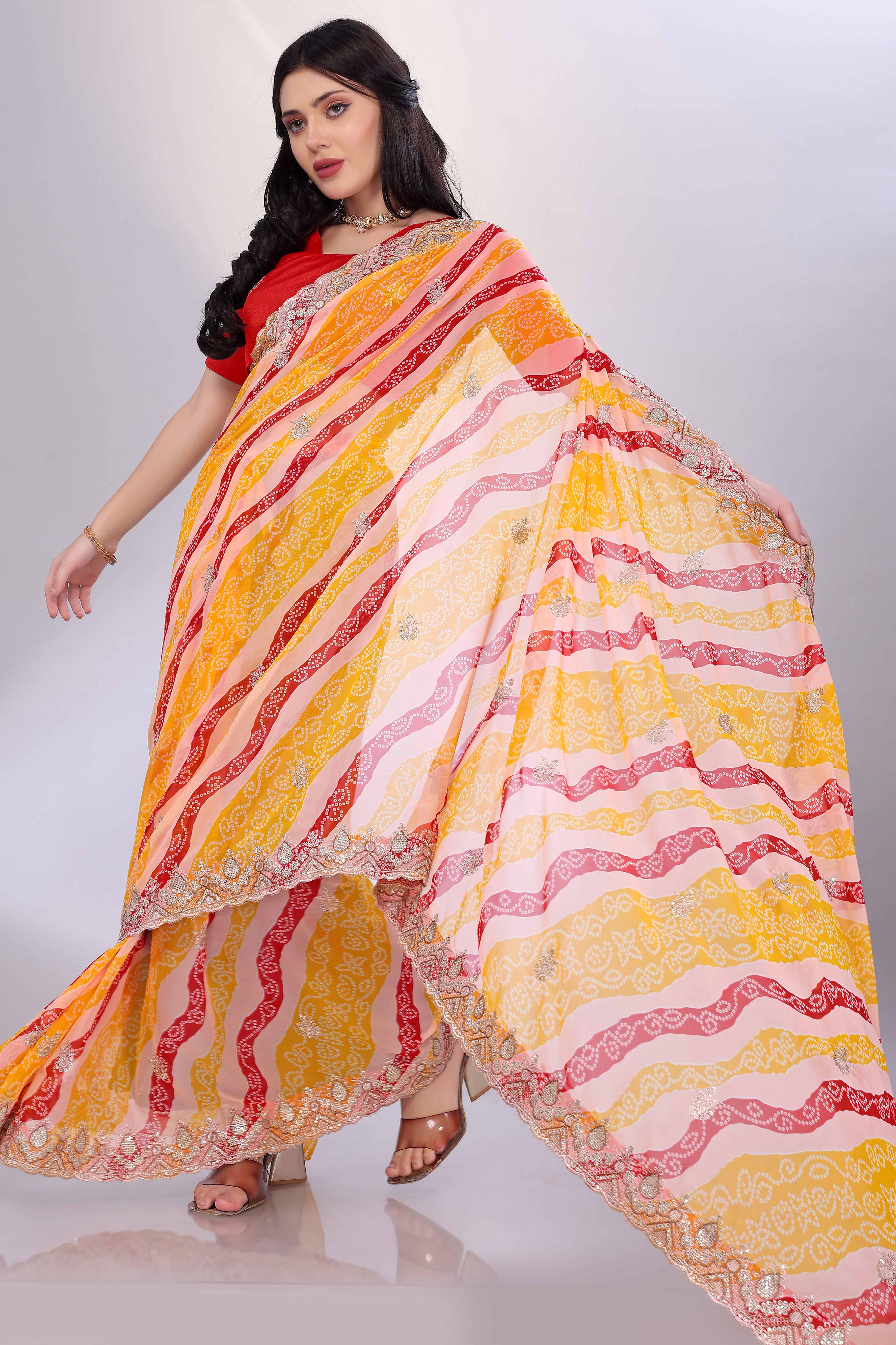 Yellow Georgette Saree Showcasing Bandhani Print & Delicate Floral Sequins Embroidery