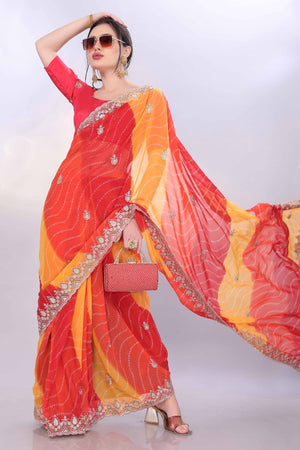 Red & Yellow Georgette Saree Showcasing Bandhani Print & Delicate Floral Sequins Embroidery