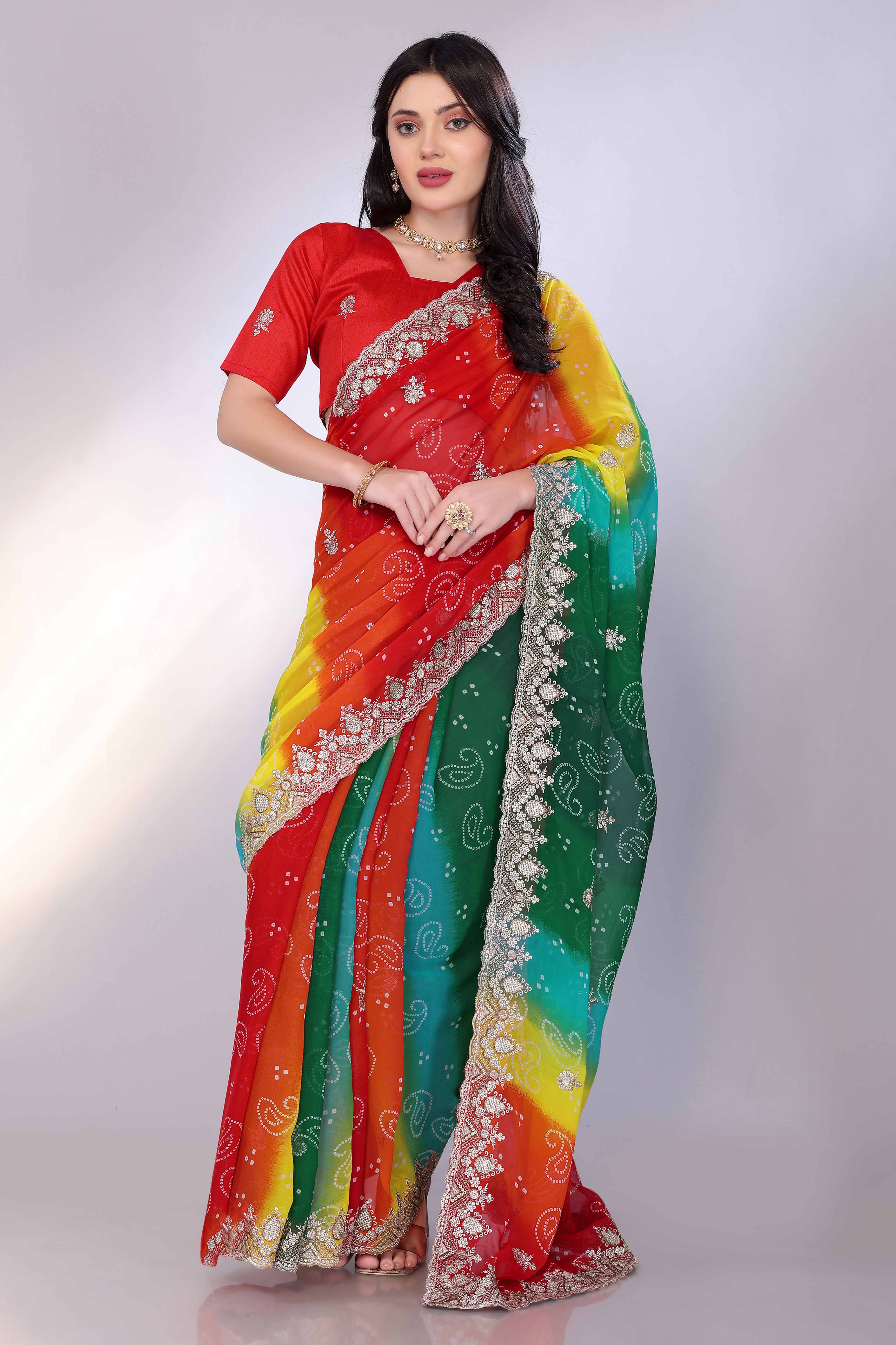 Multicolor Georgette Saree Showcasing Bandhani Print & Delicate Floral Sequins Embroidery