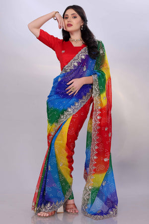 Multicolor Georgette Saree Showcasing Bandhani Print & Delicate Floral Sequins Embroidery
