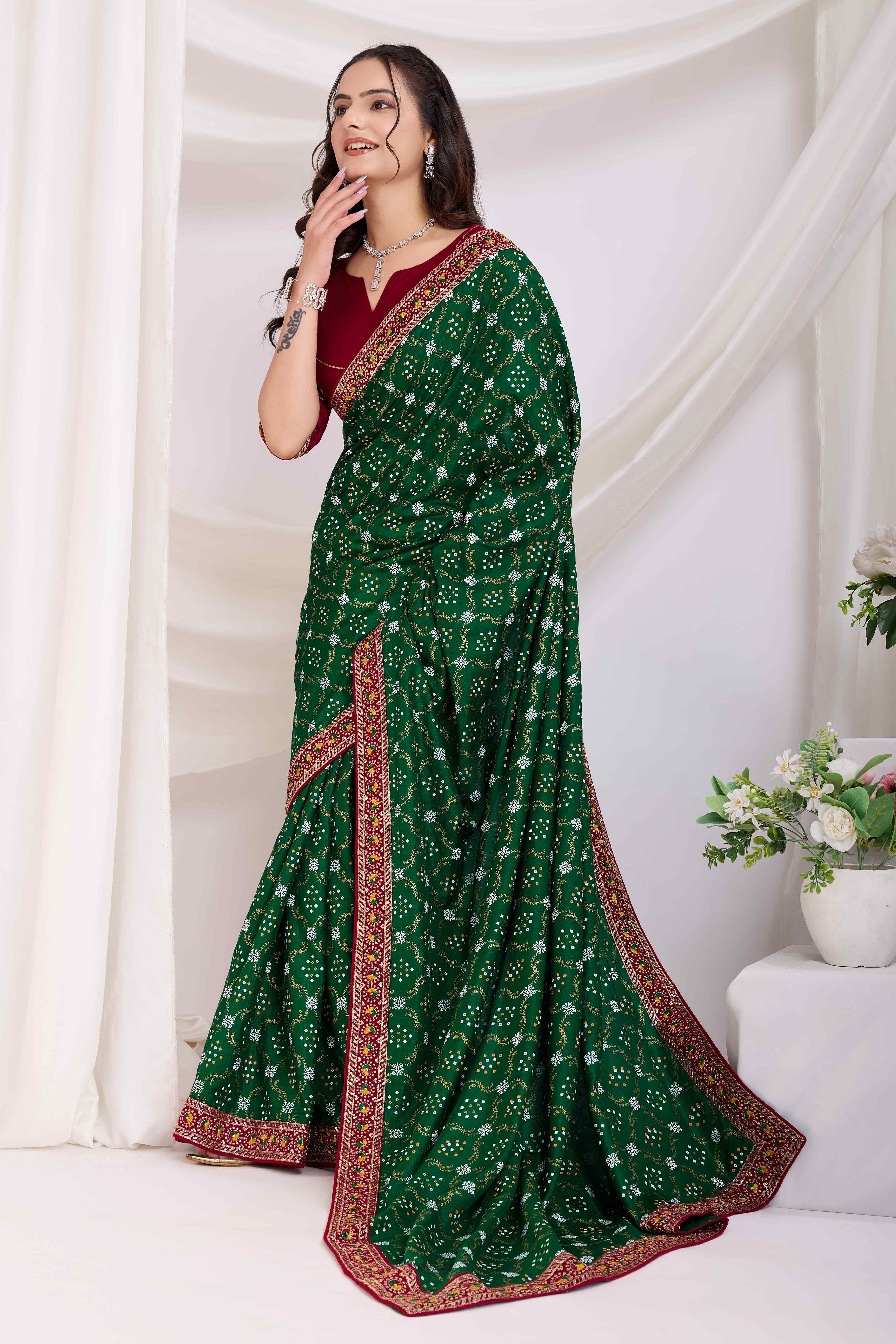 Bottle Green Bandhani Printed Vichitra Silk Saree With Embroidery Border